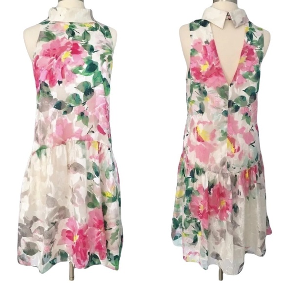 Eliza J Crepe de Chine Pink Dropped Waist Dress Open Back Subtle High Low Sz 10 - Picture 2 of 9